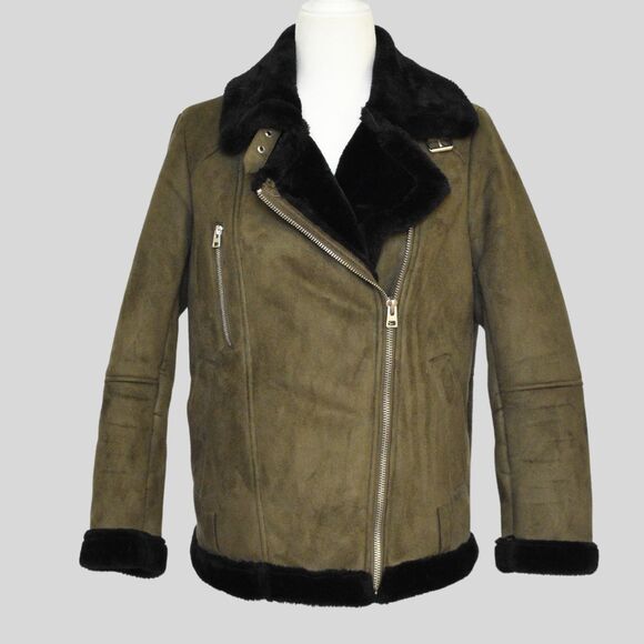 TOPSHOP Women's Moss Green Faux Suede Moto Jacket Size 4 - Picture 1 of 9